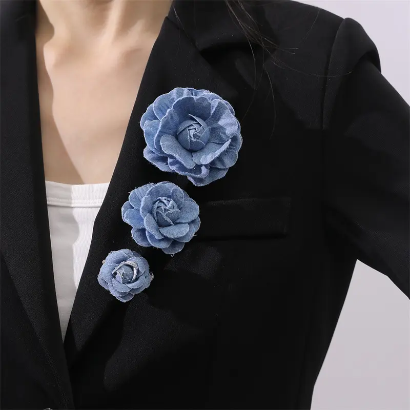 European and American Denim Camellia Brooch Female Large, Medium and Small Three Kinds of Fashion Temperament Female Brooch Ornament