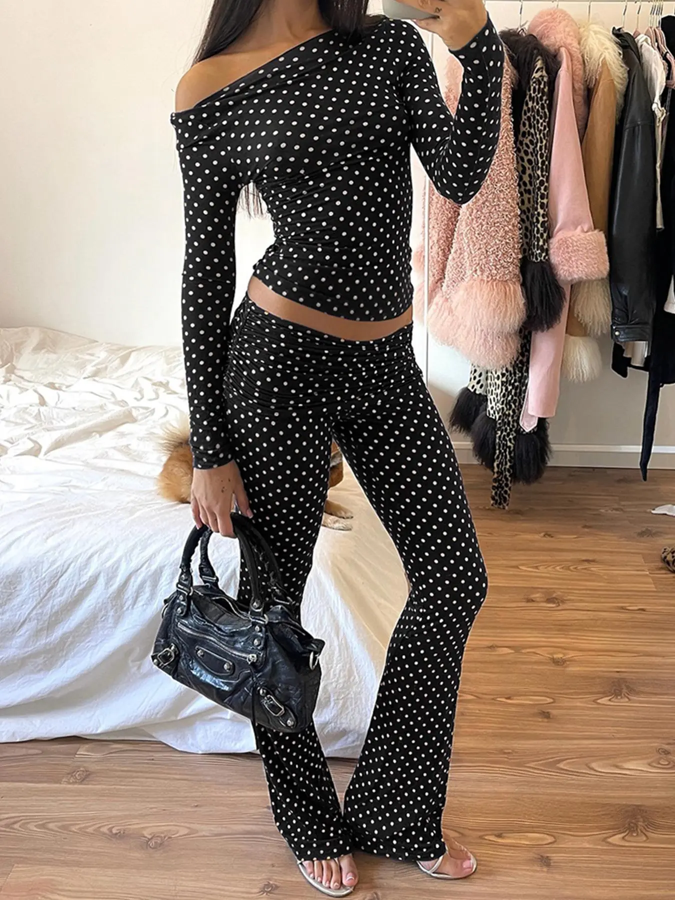 Women's Polka Dot Print Asymmetrical Neck Top & Pants Two-piece Set, Y2K Long Sleeve Top & Trousers for Daily Wear, Ladies Fall & Winter Clothes