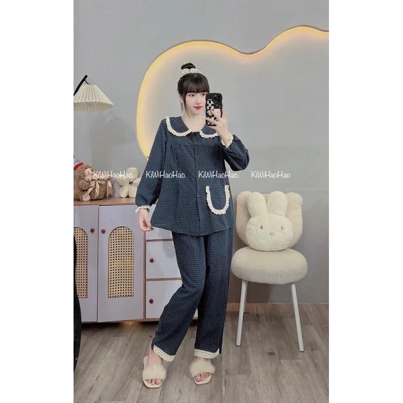 Bộ bầu bộ sau sinh - Bộ dài tay đũi kẻ xốp cổ sen viền ren 4