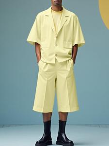 Two-piece Set Men's Solid Color Half Sleeve Top & Shorts, Regular Fit Casual Button Front Lapel Neck Top & Pocket Shorts, Fashion Men's Summer Clothes