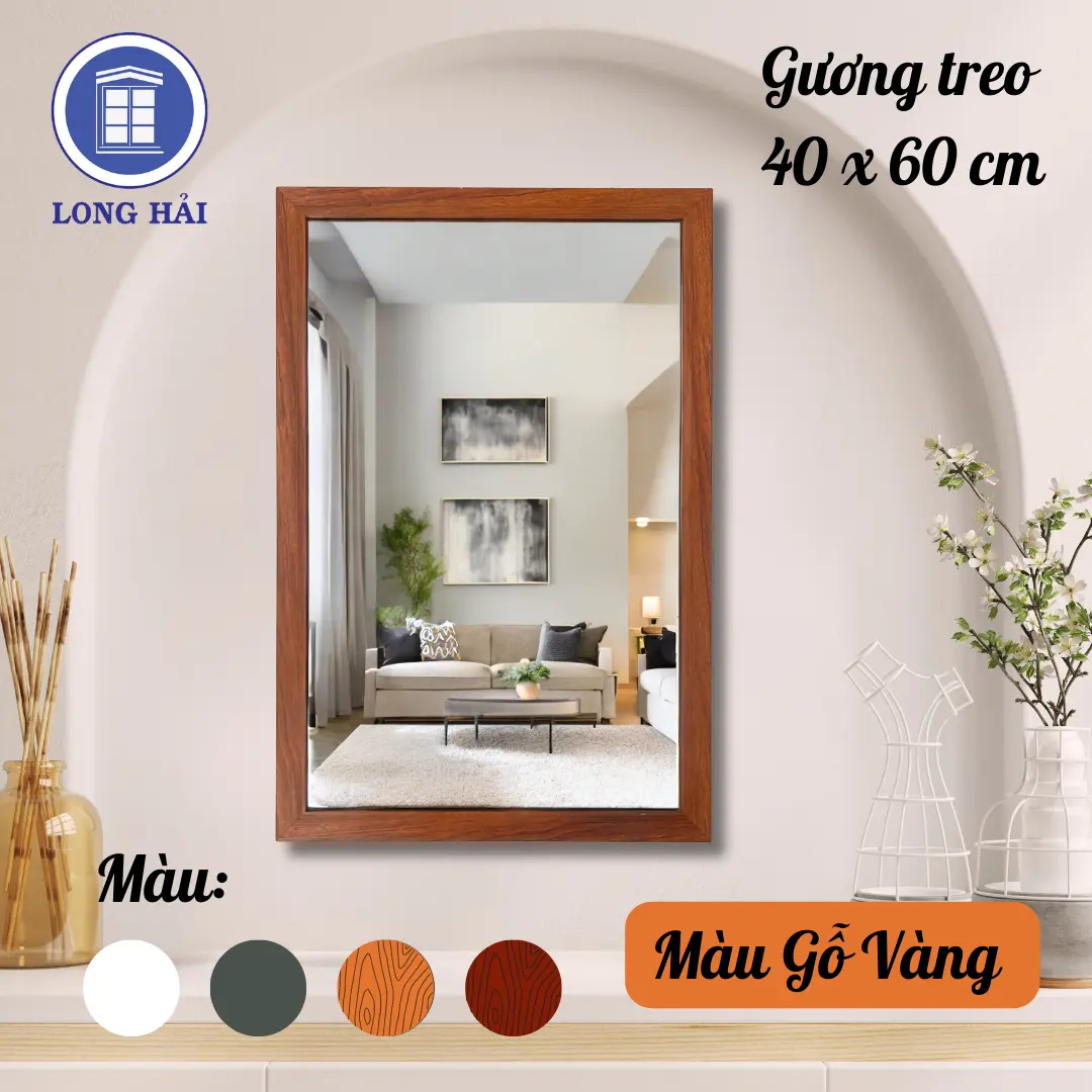 Gương treo tường 60 x 40 cm khung nhôm sơn tĩnh điện (nhiều màu), đơn giản, có móc treo Decor Decor Phòng