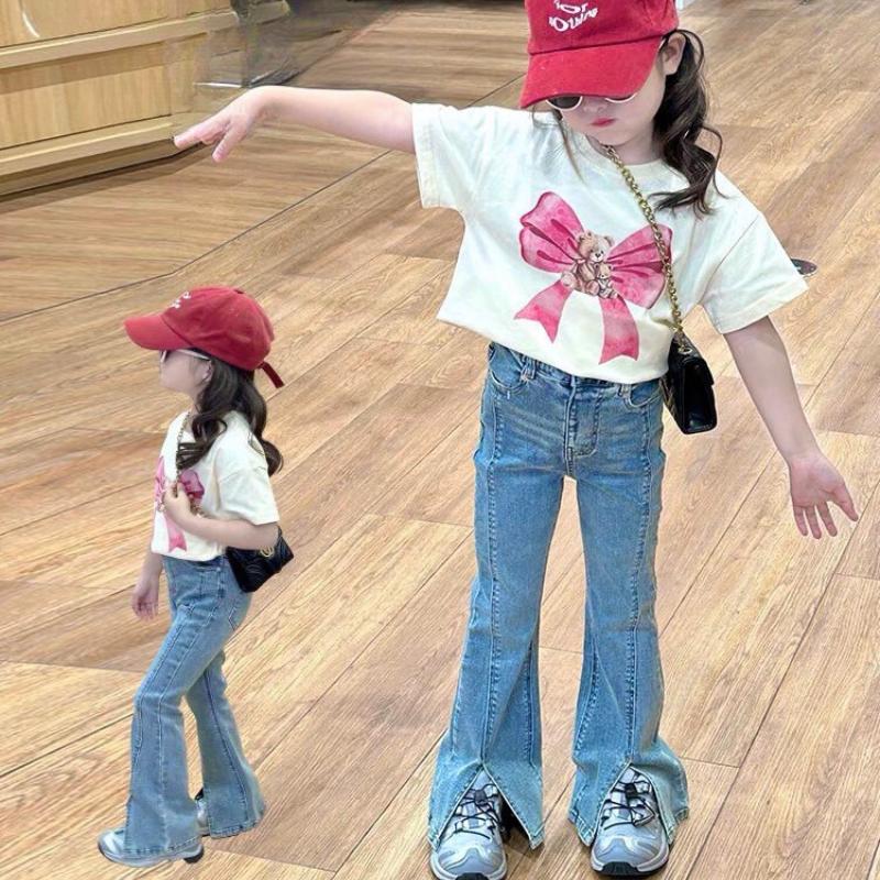 S416  - Bộ áo phông hình nơ và quần bò ống loe cho bé gái