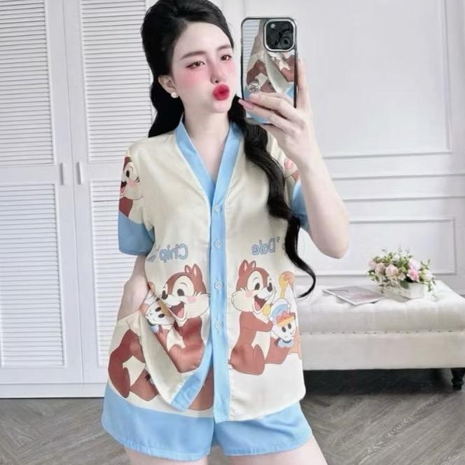 BIGSIZE (60-78kg ) 20 mẫu PIJAMA CỔ TIM TAY NGẮN QUẦN ĐÙI  THIẾT KẾ CAO CẤP Nữ Women Áo Ngủ Quần Ngủ  Kem big size pizamanu Nhung 1