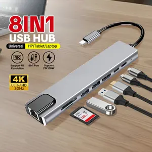 Adapter Type C 8in1 HDMI 4K 30Hz 100W PD Fast Charging RJ45 Jaringan Stabil SD TF Card Reader USB 3.0 2.0 Docking Station Untuk Laptop Mobile Phone Proyektor