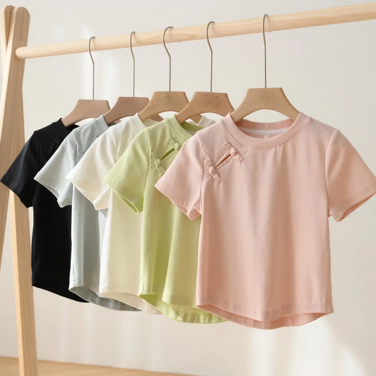 New Style Girls' New Chinese Style National Style Short T-Shirt Irregular Small and Medium Children Solid Color Stretch Top Summer Children's Clothing