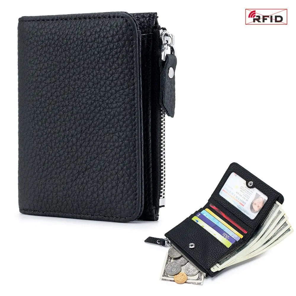 Casual Genuine Leather RFID Short Wallets Small Earphone Pouch Card Holder Bag Portable Zipper Money Coin Purse Men Women