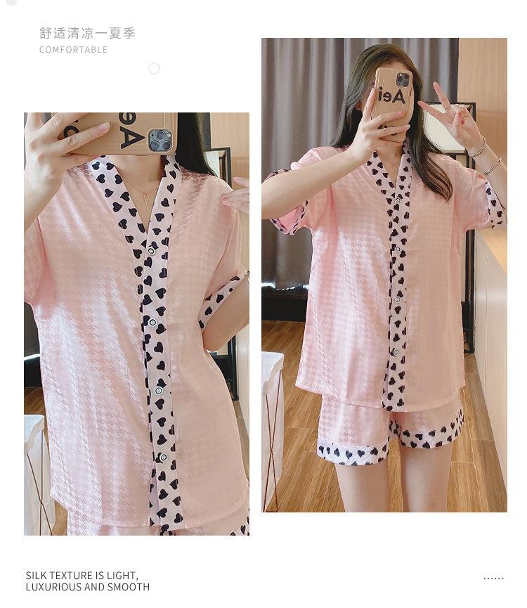 Product Introduction of Women's Pajamas 2022 New Summer Thin Ice Silk Cardigan Camellia Set Short Sleeve Cartoon Princess Style Loungewear 24