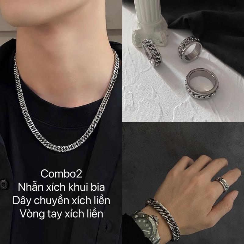 COMBO Bộ dây chuyền vòng tay nhẫn dạng mắt xích kiểu dáng unisex nam nữ , bộ combo phụ kiện nam nữ thép titan giá rẻ Pin