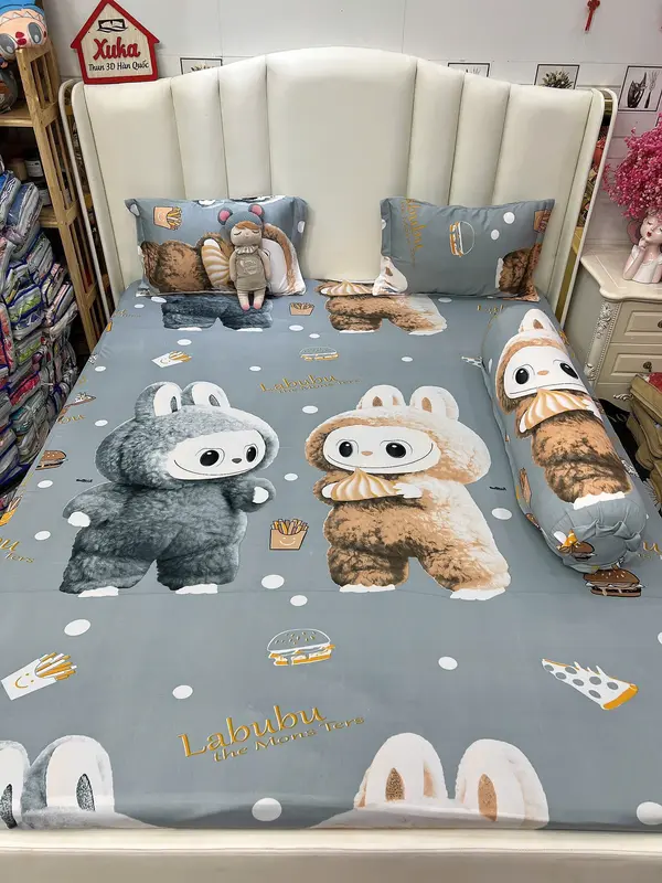 VỎ ÔM KHÓA KÉO - BỘ GA GỐI 4 MÓN - CHẤT THUN 3D HÀN QUỐC- MẪU LABUBU SIÊU HOT 6