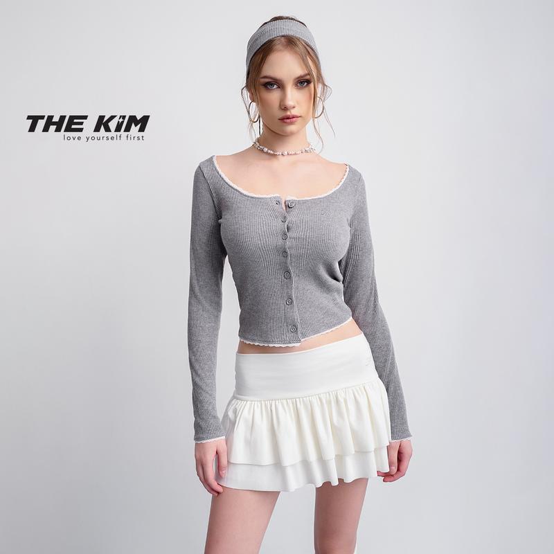 THEKIM Áo len cadigan dài tay dáng ôm viền ren , áo len croptop dài tay phối ren T319