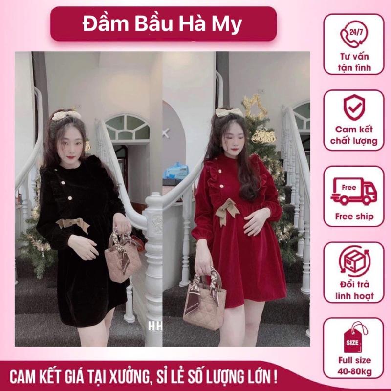 Váy Bầu Nhung Lì Xinh Xắn Gắn Nơ Mặc Noel Và Tết 1m6 Mặc Qua Gối - Đầm Bầu Nữ Women Voi