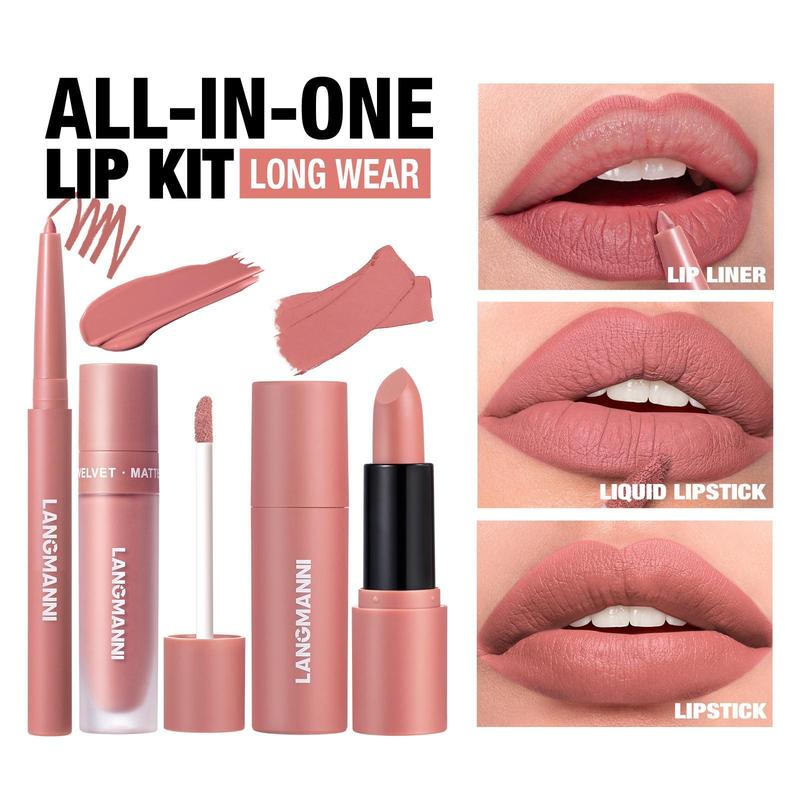 Product Introduction of Long-lasting Waterproof Matte Lipstick & Lip Liner & Lip Gloss Makeup Set, 3 Counts/set Easy Coloring Lip Care Kit, Moisturizing Lip Makeup Kit for All Occasions 2