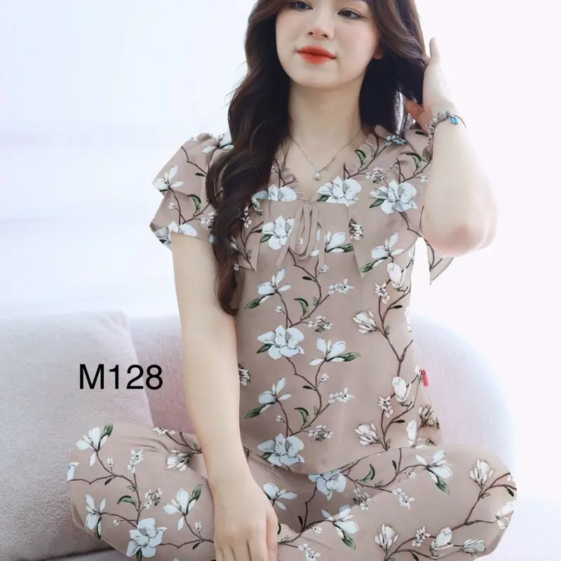 (37kg-68kg) Sét bộ mặc nhà nữ hàng thiết kế tay phối 2 lớp cánh tiên vải lụa Hàn mềm Women Áo Quần Ngủ Top sau sinh có bigsize Cạp Cao 7