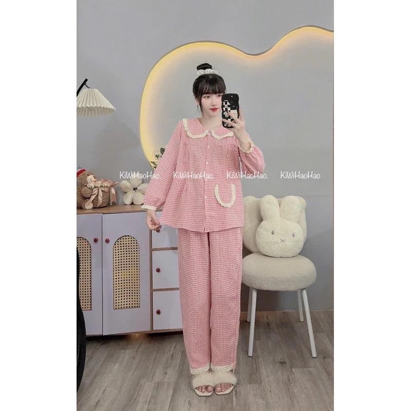 Bộ bầu bộ sau sinh - Bộ dài tay đũi kẻ xốp cổ sen viền ren 2