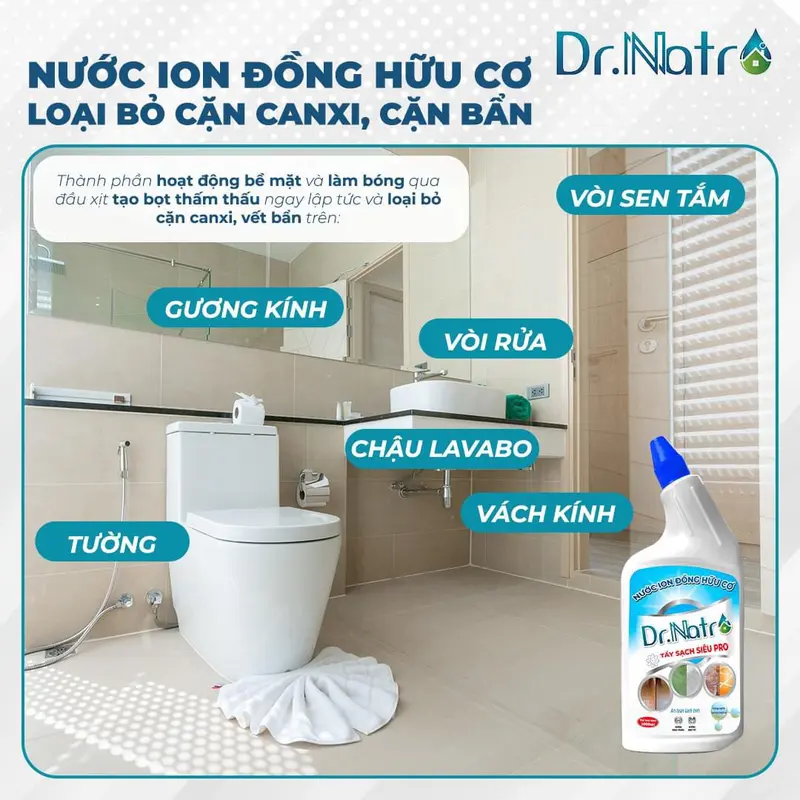 Nước ion Đồng Hữu Cơ Dr Natro - Làm Sạch Rong Rêu, Cặn Canxi, Ron Gạch, Vết Rỉ Sét, Vết Bám Xi Măng,.......Chai 1000ml - Tặng 1 miếng chà nhám + 1 Miếng Cước Tím 5
