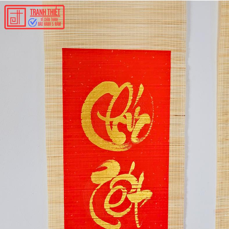 Câu đối đỏ treo tết, câu đối bàn thờ gia tiên viết theo yêu cầu, liễn treo tết chất liệu mành tre 5