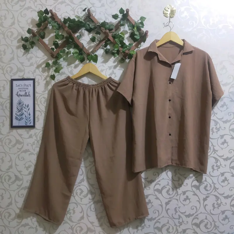 Ld 120 setcel karla pendek jumbo/setelan crinkle airflow pendek/setcel pendek crinkle airflow/setelan piyama wanita/baju Santai/baju Tidur Nyaman celana Panjang Busui Kerah 1