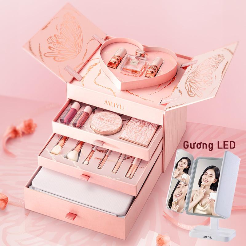 Bộ Trang Điểm quà tặng MEIYU 4 tầng màu hồng cao cấp đầy đủ 14 món kèm Gương LED cảm ứng - tặng túi đựng đẹp