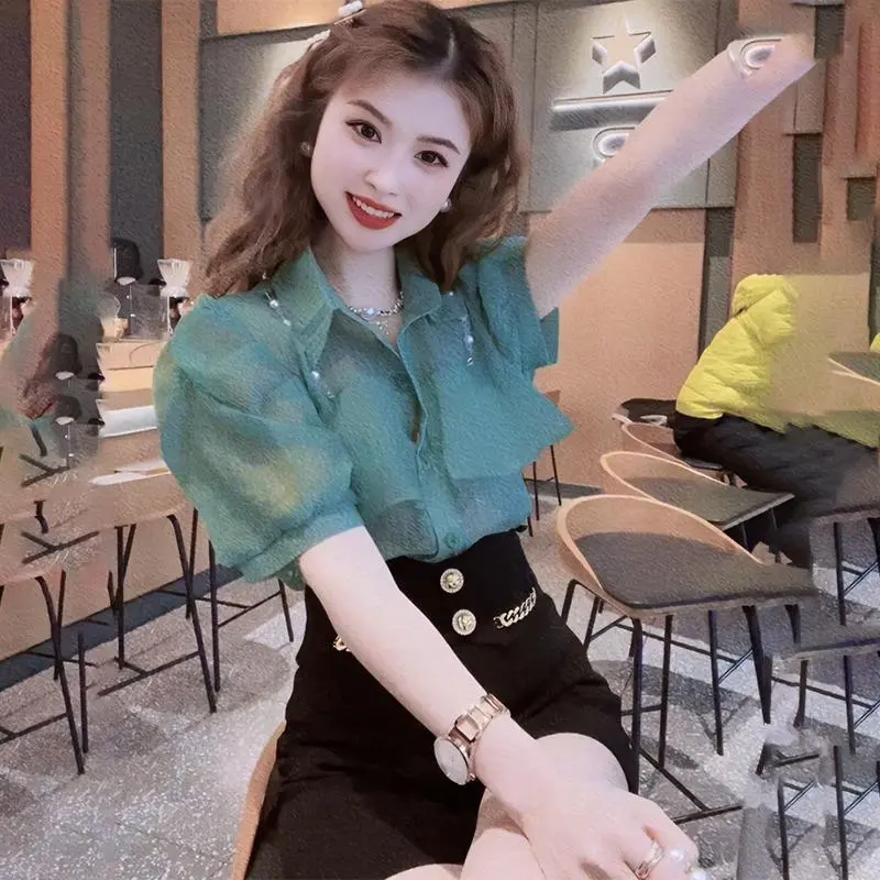 Áo Sơ Mi ngắn Tay Thiết Kế Đẹp Hạt Thời Trang, Cổ Polo, Dành Cho Nữ, Hàng Mới Về, Mỏng Vừa Vặn, Chống Lão Hóa, Phong Cách Thường Ngày Tay Phồng, Làm Bằng Voan