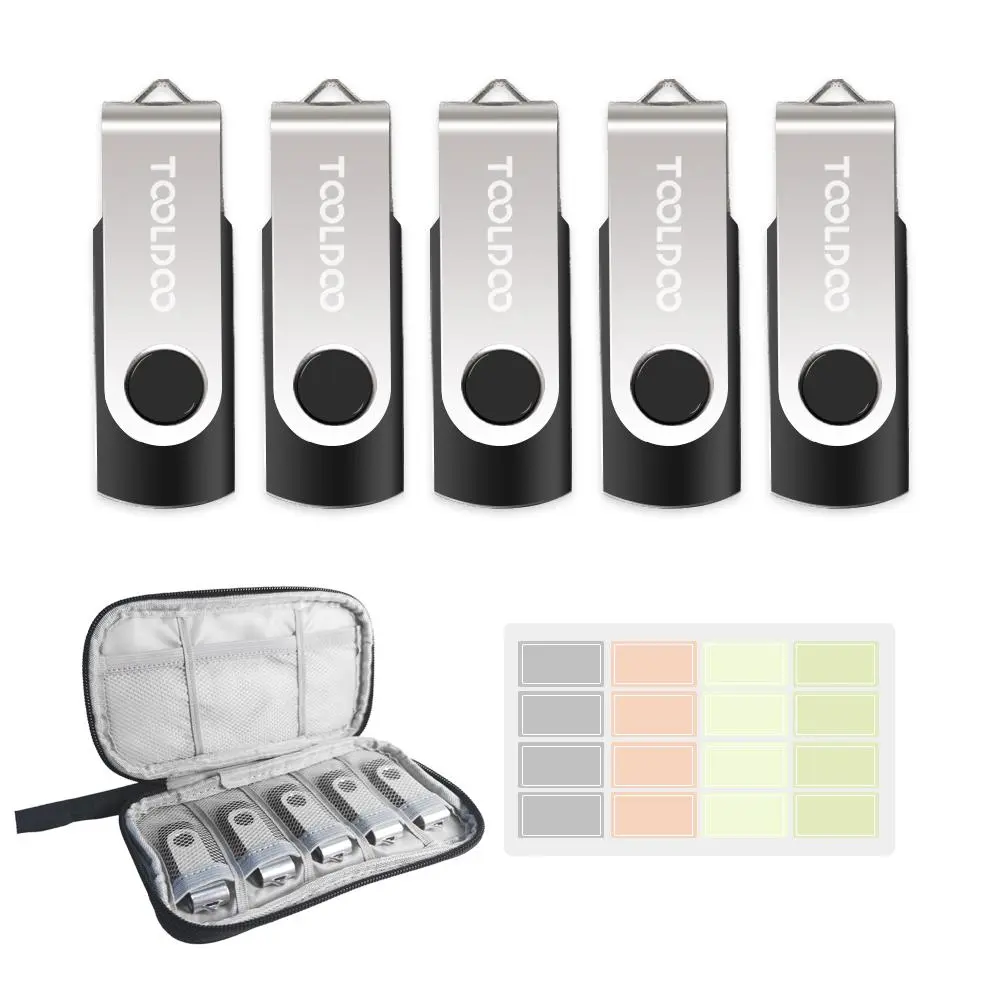 USB Flash Drive Set with Storage Case, 5 Counts/set USB 2.0 Memory Stick with Label Paper, Swivel Design Flash Drive for PC, Laptop, TV