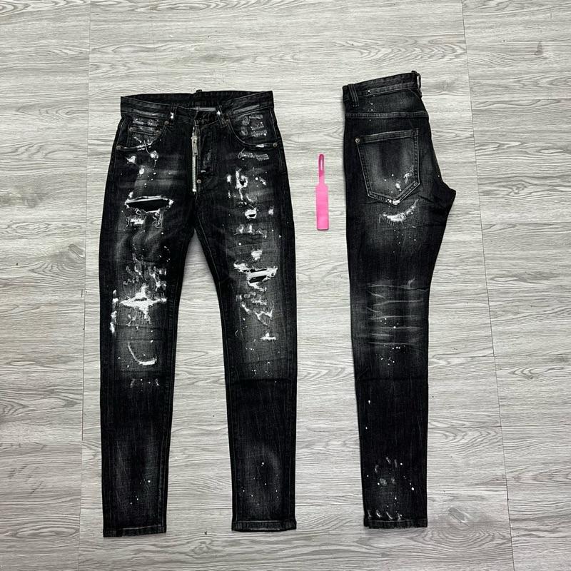 QUẦN JEAN NAM MÃ D2-29 ĐEN XÁM RÁCH KHOÁ LỆCH VẨY SƠN 4 CÚC , BÒ DÀI CAO CẤP , CO DÃN , PHOM ÔM CHÂN D-S-Q ,  Có Túi