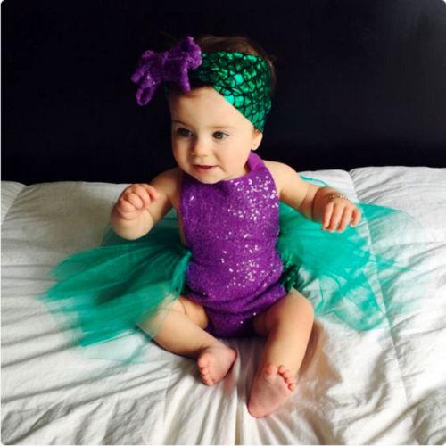 Baby Girls Summer Clothes Set Sleeveless Lace-up Mermaid Romper with Tulle Tutu Skirt + Headband 2Pcs Casual Beach Outfits 0