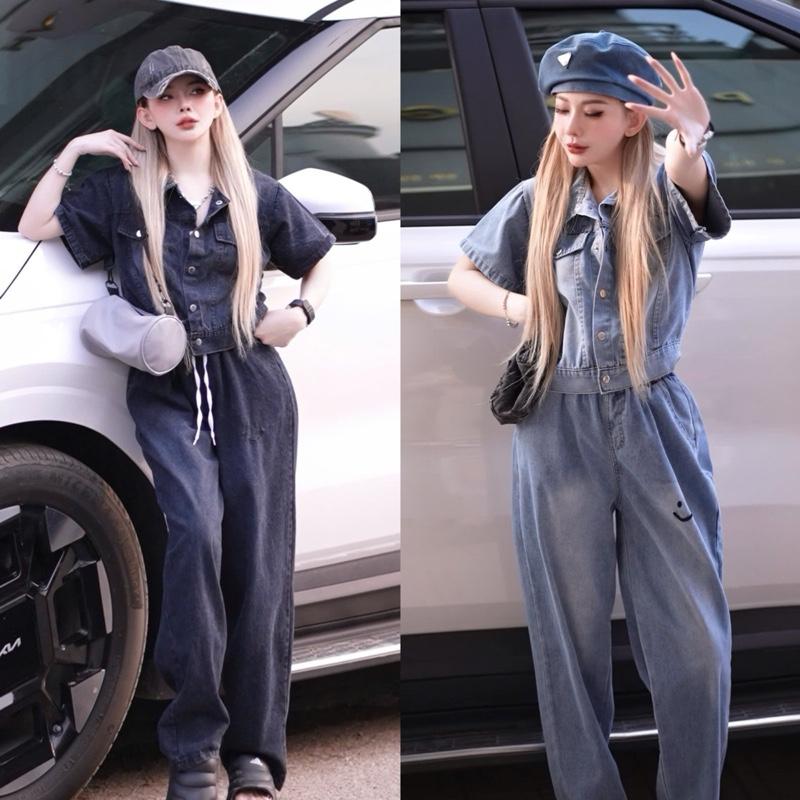 Bộ Jean Nữ Gồm Áo Cộc Tay Cổ Đức Nắp Túi Giả Và Quần Baggy Suông Dài Cạp Chun, Jean Mềm, 2 Màu  Top trend đồ  Women