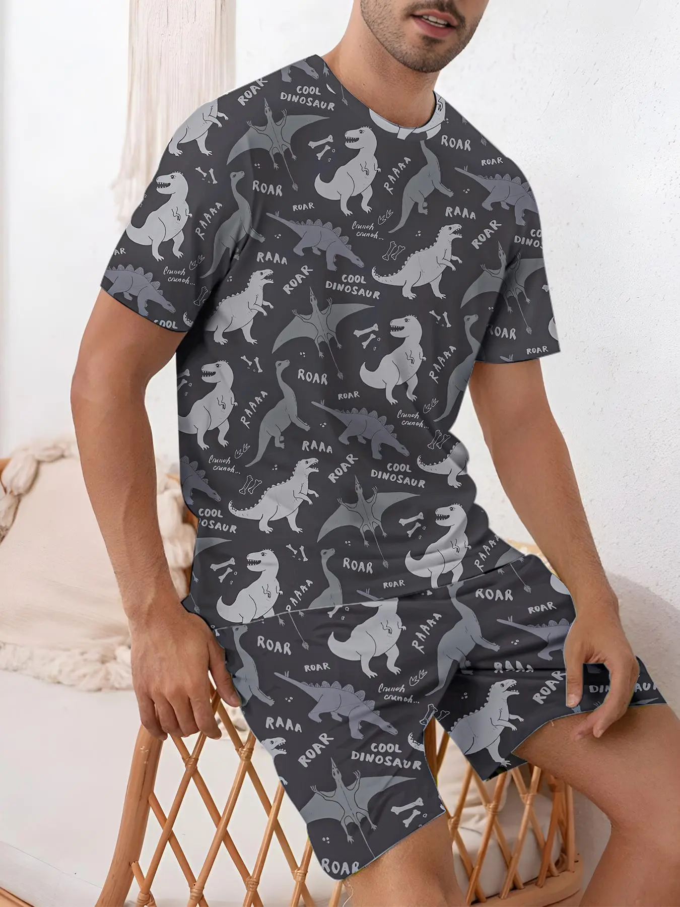 Men's Cartoon Dinosaur Print Tee & Shorts Pajama Two-piece Set, Regular Fit Casual Comfy Round Neck Short Sleeve T-shirt & Shorts, Men's Sleepwear for Summer