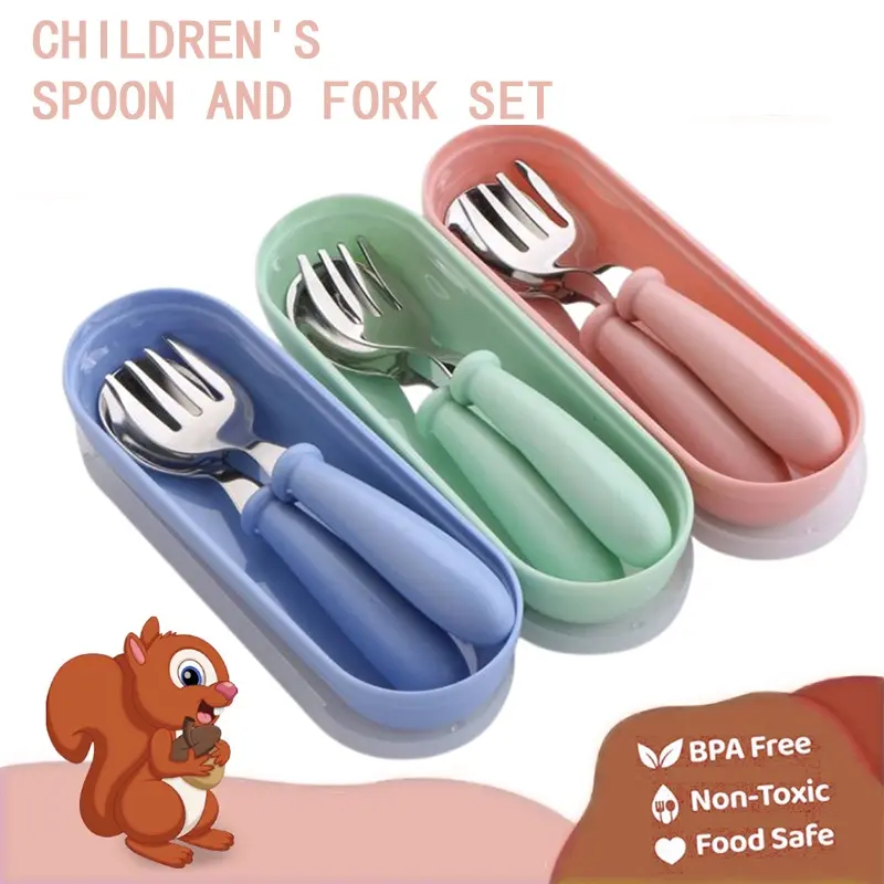 Baby Spoon and Fork Set Toddlers Training Dinner Set Stainless Spoon Fork Travel Cutlery Set With Case