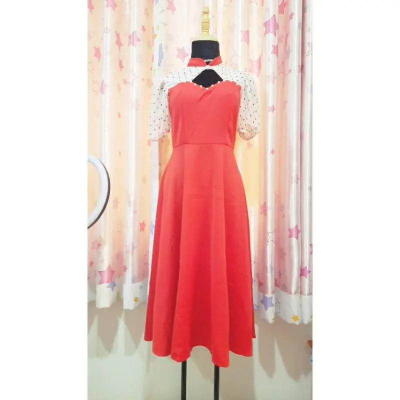Váy đầm thời trang nữ sang chảnh dự tiệc chất nhung cổ tròn tay ngắn phối voan bi dáng xòe maxi tạo điểm nhấn dễ thương 4