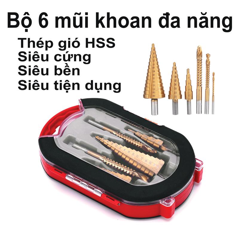  Bộ 6 mũi khoan tháp đa năng - Mũi khoan cưa đa năng thép gió HSS mạ Titan siêu bền 