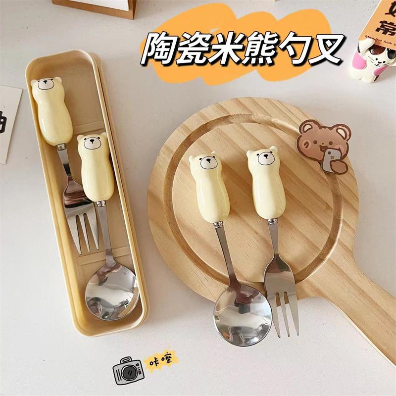 Product Introduction of Bear rice short handle cute spoon set ceramic fork cartoon children household dessert spoon dining Cutlery Tableware 8