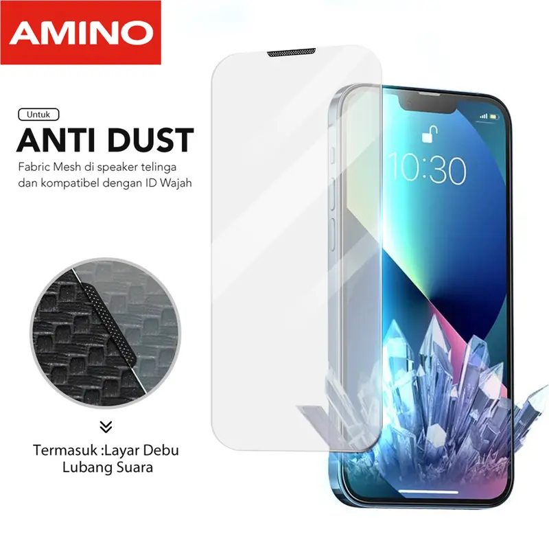 AMINO Anti Dust Tempered Glass Untuk Iphone XR 11 15 16 Pro Max 16 Plus 16e 15 Plus 14 Pro Max 14 Plus 13 Pro Max 12 Pro Max 11 Pro Max X XS XS MAX Screen Protector Full Cover Anti Gores Anti Debu Dustproof Mesh 1