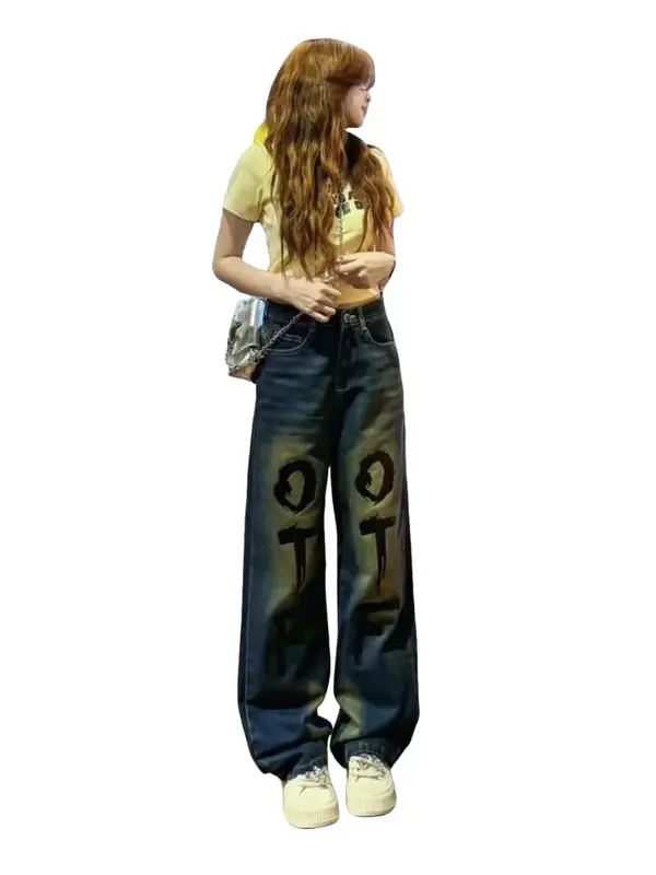 QUẦN JEANS NỮ XANH CẠP CAO KHÔNG GIÃN WASH LOANG MÀU BỤI VÀNG IN CHỮ SƠN ĐEN THỜI TRANG CÁ TÍNH Women Pants Có Túi Navy 1