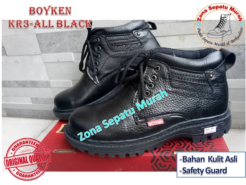 Sepatu Safety Boyken Ujung Besi KR03 All Black Best Quality for Worker Hitam Karet Shoes 3