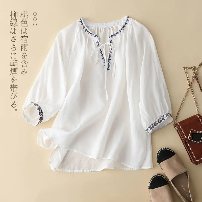 Cotton Linen Embroidered V-Neck Three-Quarter Sleeve Shirt for Women Comfortable Soft Shirt New Tie Neck Summer Top