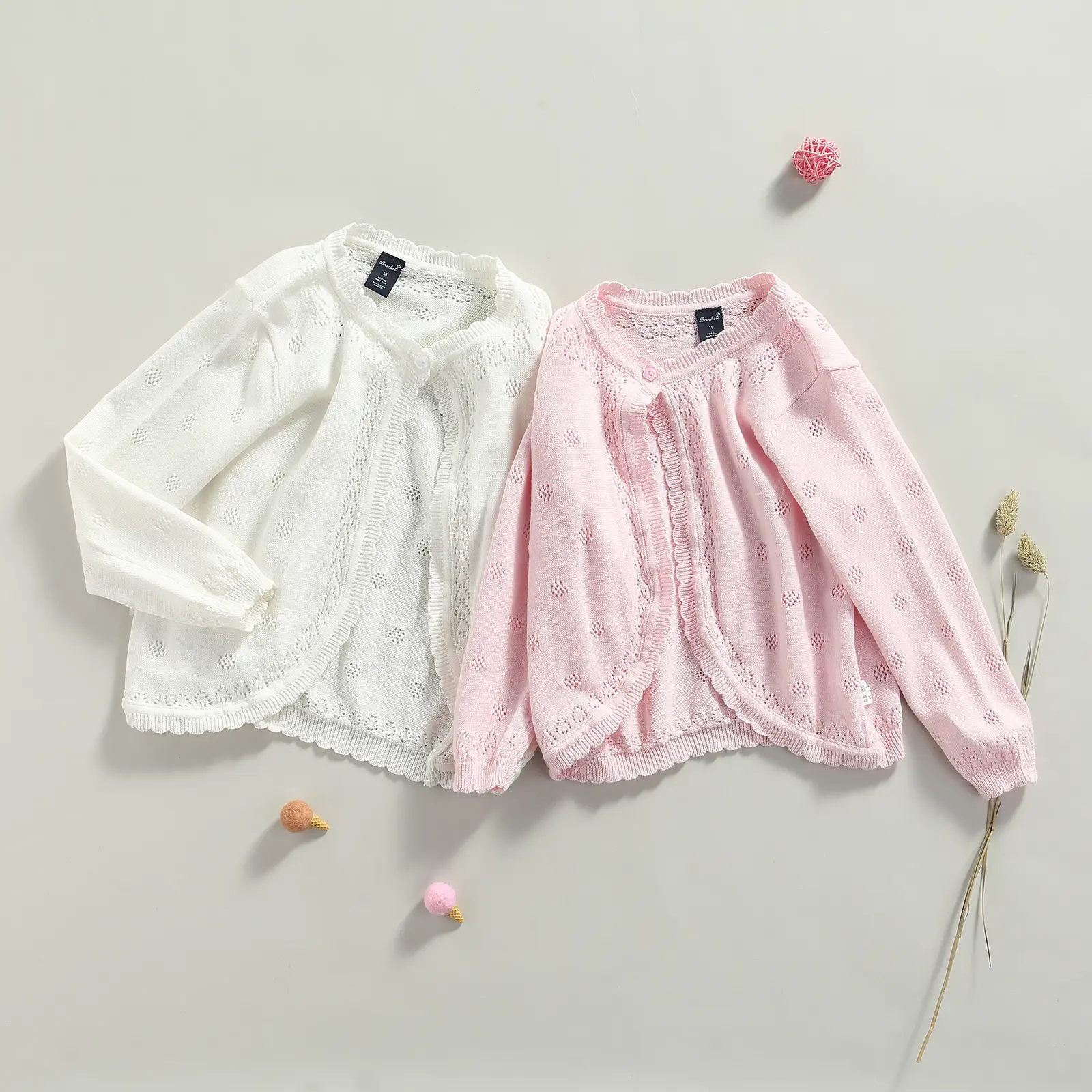 Áo Cardigan Cho Bé Gái Mới Biết Đi, Dễ Thương, Dài Tay, Cổ Thuyền, Nút Lên, Đan, Nhún, Áo Khoác