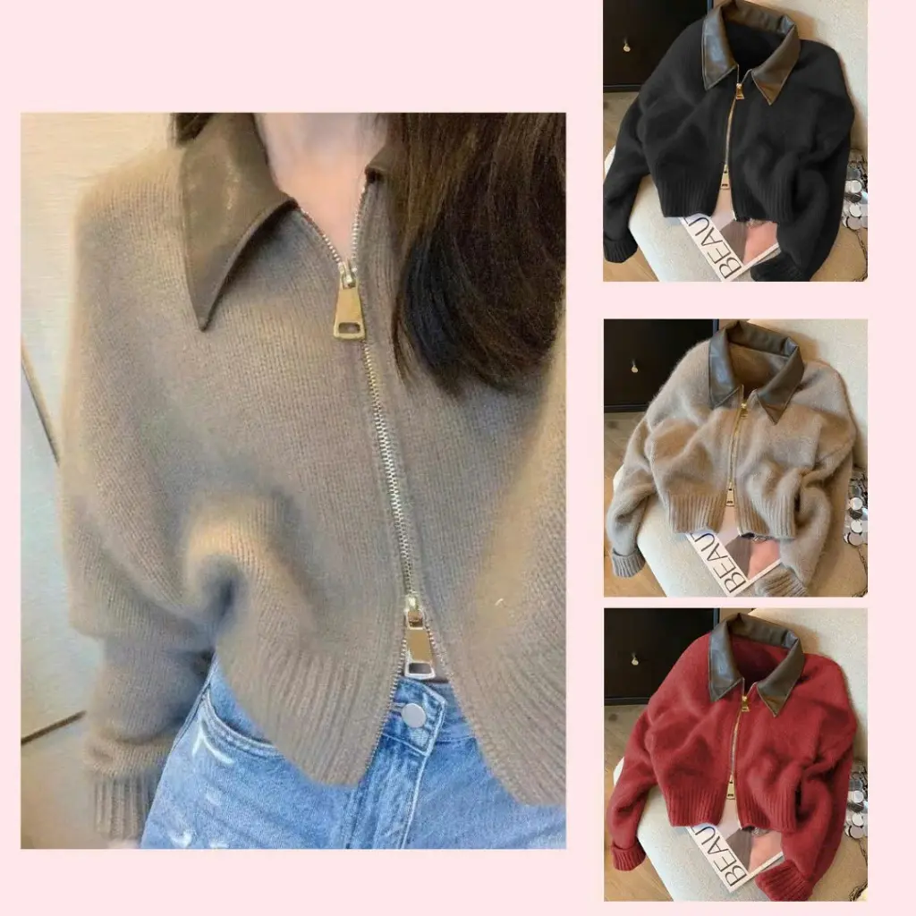 Áo khoác cardigan len dáng croptop thiết kế cách điệu khóa kéo 2 chiều phối cổ sơ mi MM SP252