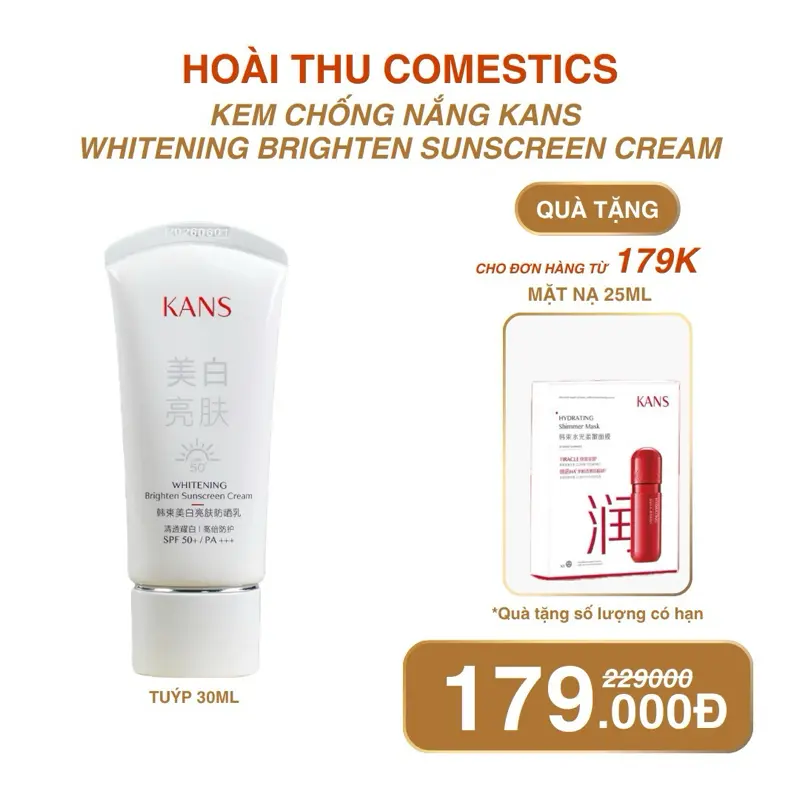 Kem Chống Nắng KANS Nội Địa Trung Bản Nâng Tone Da Nhẹ Nhàng Tuýp 30ml SPF 50+, PA+++ Phù Hợp Mọi Loại Da