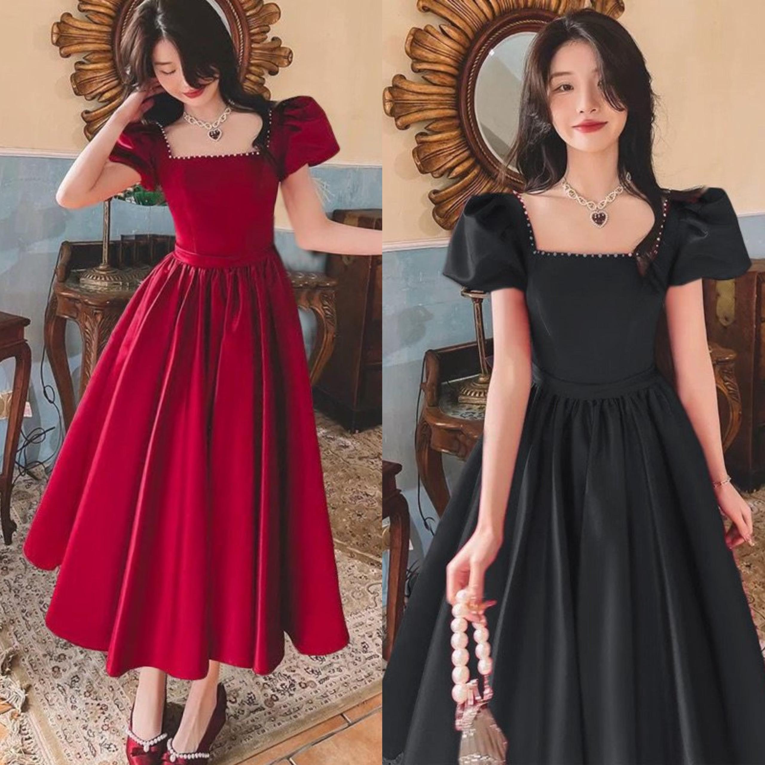 Váy Dự Tiệc Cổ Vuông Vải Cotton Lạnh Bigsize  50 - 100Kg Dễ Thương Nữ Cotton Dress Đầm Đen Denim Women - A.1294