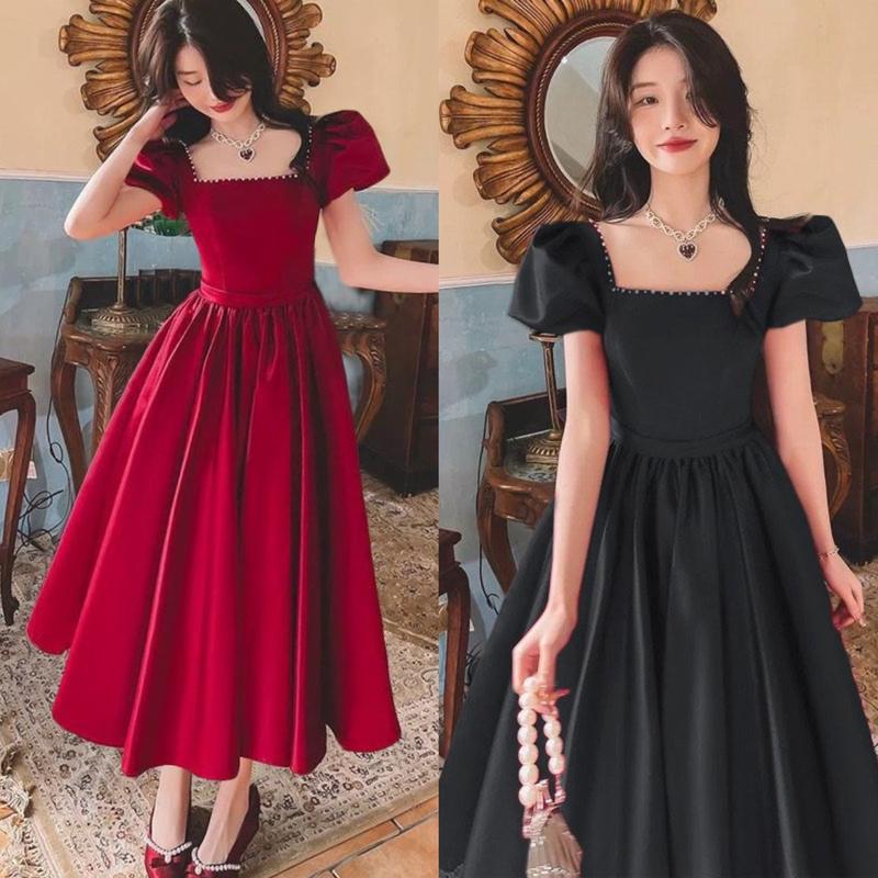 Váy Dự Tiệc Cổ Vuông Vải Cotton Lạnh Bigsize 50 - 100Kg Dễ Thương Nữ Cotton Dress Đầm Đen Denim Women - A.1294