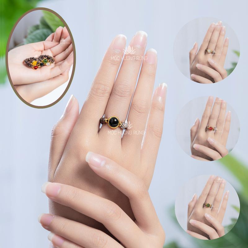 Nhẫn Trầm Hương Mix Đá Đủ Bản Mệnh ( Tặng dây Dự Phòng + Hạt Dự Phòng ) 0