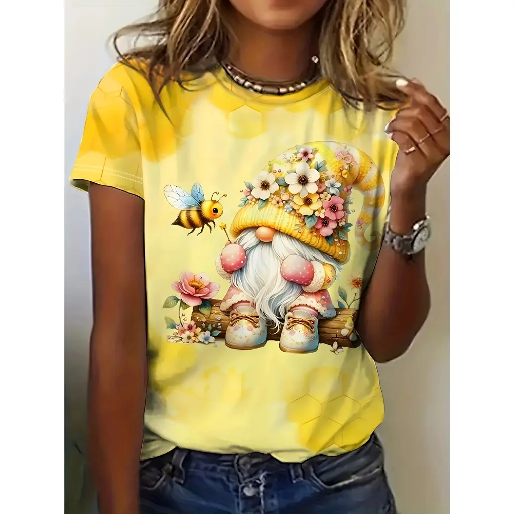 Summer Ladies' Cute Animal Bee Flower Printed T-shirt - Casual Short Sleeved Yellow Top 3D Printed Women's T-shirt