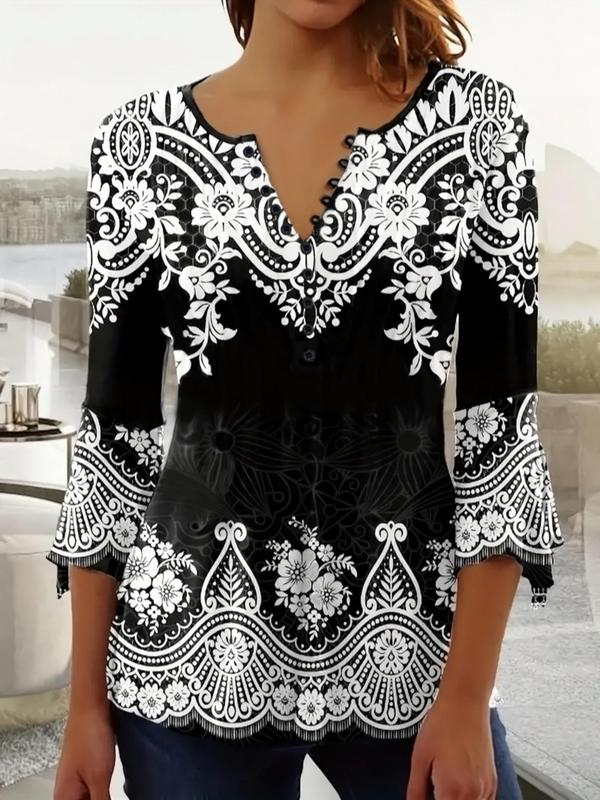 Plus Size Paisley Print Button Front Tee, Boho Notched Neck Flounce Sleeve Top for Women, Women's Plus Clothing for All Seasons 0