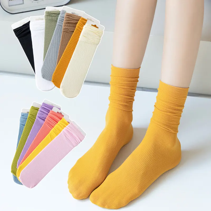 Summer Women's Thin Mid-tube Socks Candy Color Pile Socks Korean Style Ice Curled Socks