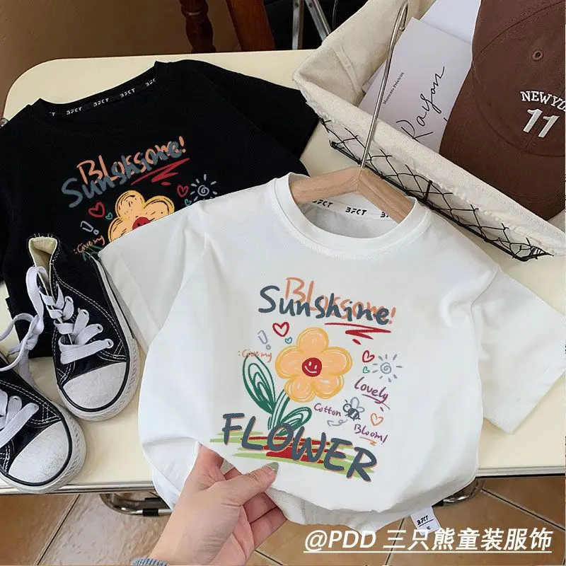 100% Cotton Girls' Short Sleeve T-Shirt 2023 New Summer Fashionable Baby Top Children's Clothing Summer Outfit
