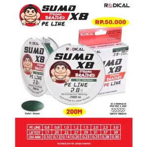 Radical Senar PE Radical Sumo X8,X12 200m/roll Strong Braided PE Line 0.6/0.10mm hingga 3.5/0.32mm Dark Green