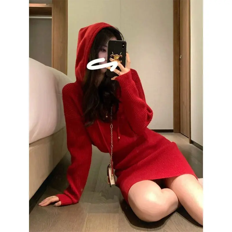 Váy Bodycon Có Mũ Màu Đỏ, Hàng Mới Về Năm Mới, Phong Cách Giáng Sinh Cao Cấp, Váy Dệt Kim, Dành Cho Nữ, Thích Hợp Cho Mùa Thu Và Mùa Đông, 2024 Dress Khuy 1