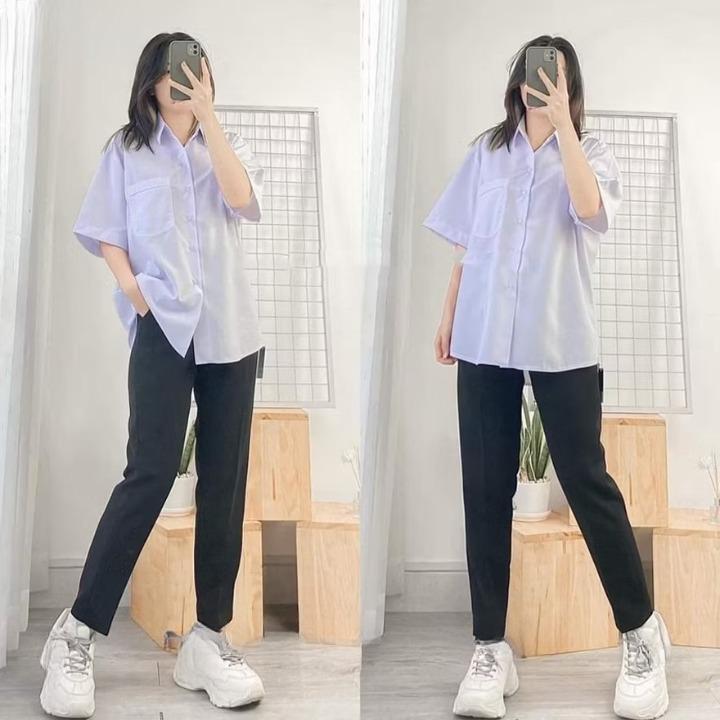 Áo sơ mi học sinh FORM RỘNG, TRẮNG XANH NHẸ, MỎNG VỪA GIÁ RẺ BÌNH DÂN Nữ Women Shirt Top 8