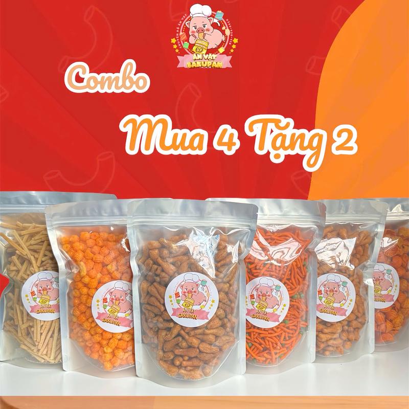 [Combo mua 4 tặng 2] Combo 4 món ăn vặt snack tăm đậu, snack đùi gà rong biển, snack đùi gà phô mai, snack nui chiên cay tặng kèm snack ốc cay, snack khoai tây ngó sen Ăn vặt A Long Foods bimbim que